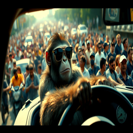 monkey behind the wheel of a car on the background of the crowdの写真素材
