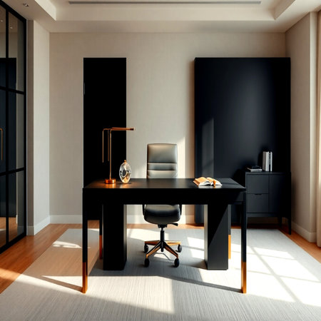 Luxury office interior with black and white walls, wooden floor, comfortable black computer table and armchair. 3d renderの写真素材
