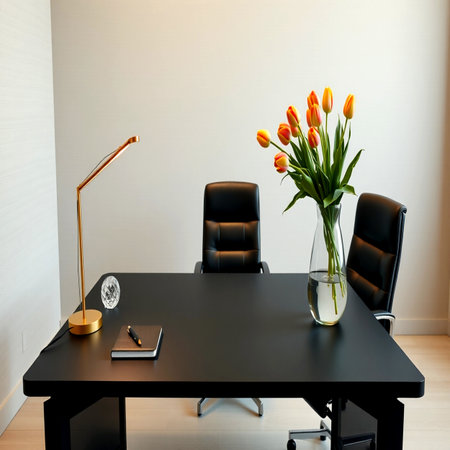 Luxury office interior with a black table, chairs and a vase of flowersの写真素材