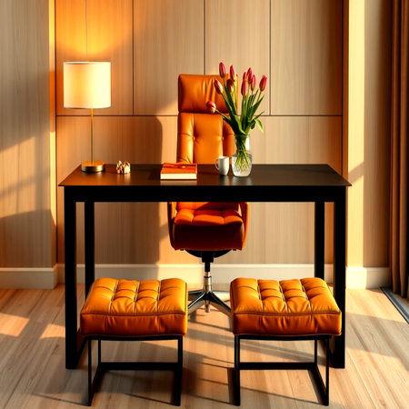 Interior of modern living room with orange armchair, table and lampの写真素材