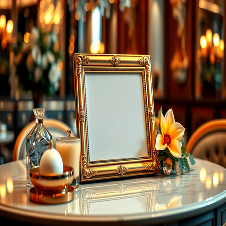 Empty photo frame on the table in a cafe with flowers and candles