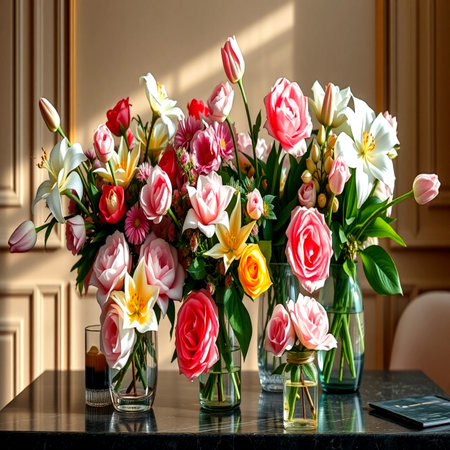 Bouquet of tulips in a vase on the tableの写真素材