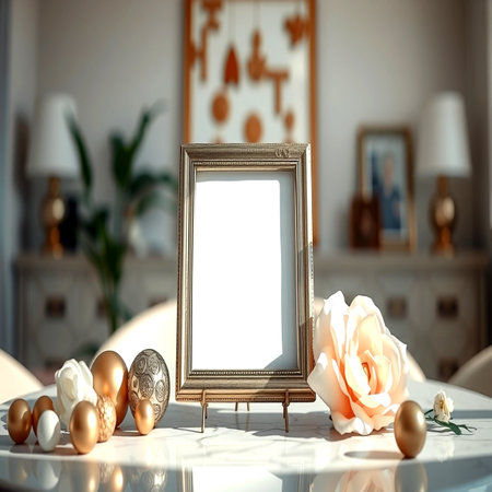 Photo frame mockup with white rose and golden eggs on the table. 3d renderingの写真素材