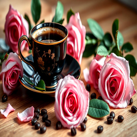 Cup of coffee with pink roses and coffee beans on wooden tableの写真素材