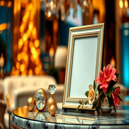 Wedding decoration with golden frame and flowers on the table.の写真素材