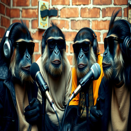 Portrait of a group of monkeys with headphones and microphone on brick wall backgroundの写真素材