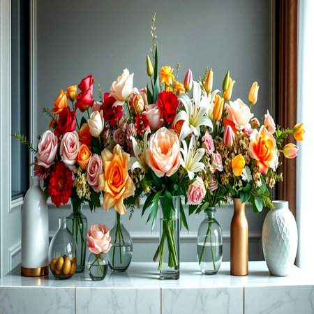 beautiful bouquet of different flowers in vases on the table