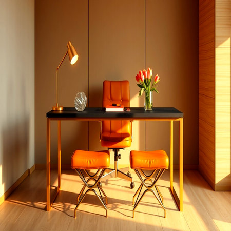 Bright office interior with a wooden floor, orange chairs and a table with a lamp. 3d render