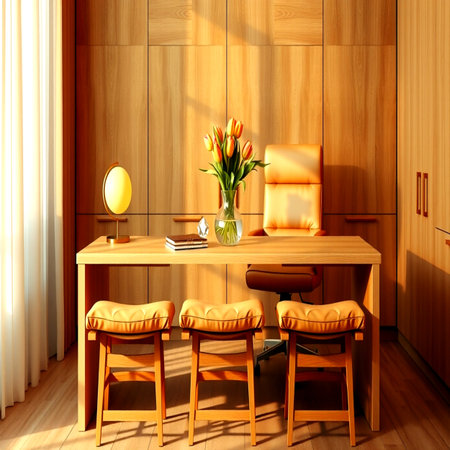 3d rendering of home interior. Wooden table and chairs in the living room.の写真素材