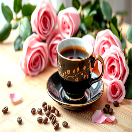 Cup of coffee with pink roses on wooden table, close upの写真素材