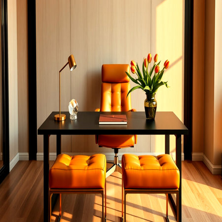 Interior of modern living room with orange armchair, table and chair