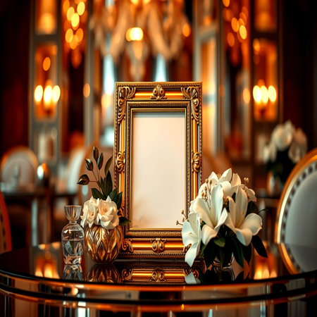 Photo frame on the table in the interior of the room.の写真素材
