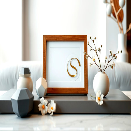 Wooden frame with letter S on white marble table in living roomの写真素材