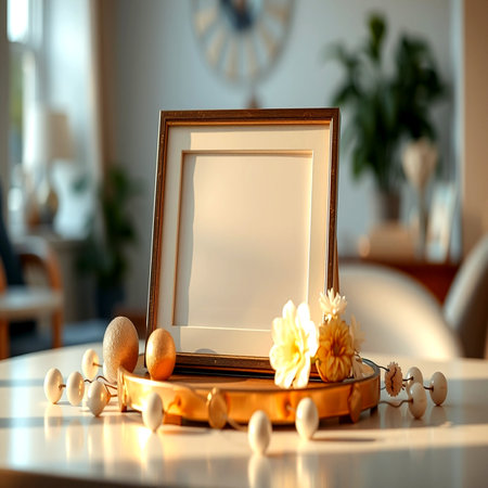 Easter composition with photo frame, eggs and flowers on white table