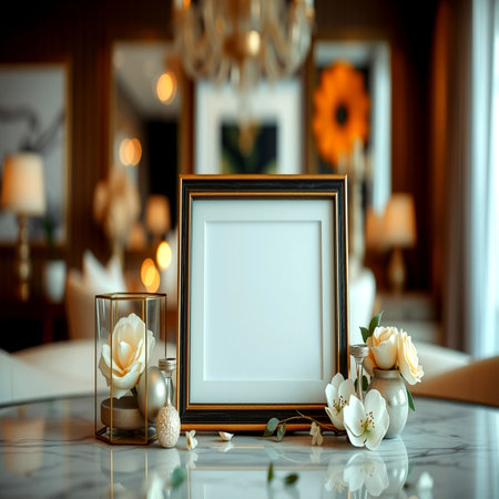 Interior of modern living room with photo frame, candles and flowersの写真素材