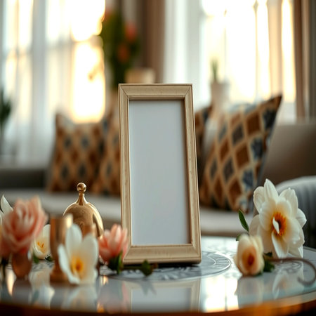 Blank photo frame on table in room. Mockup for designの写真素材
