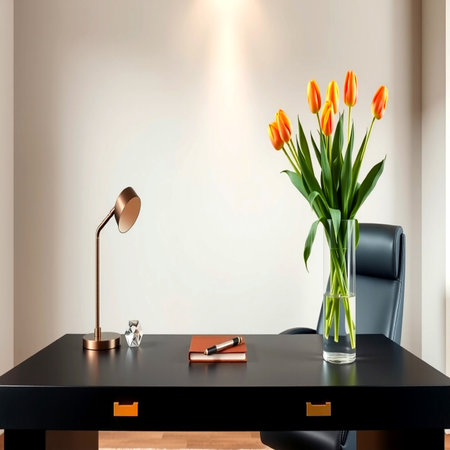 Black table with a lamp, a notebook and a bouquet of tulips. 3d renderingの写真素材