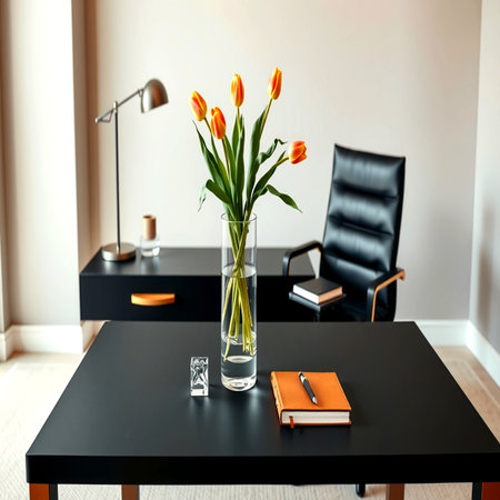 Tulips in glass vase on black table in modern officeの写真素材