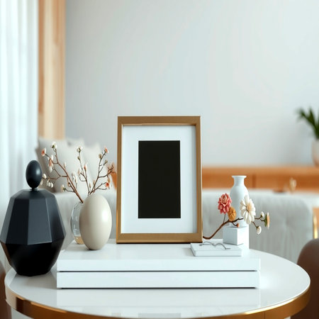 Mock up blank photo frame on the table. 3d renderingの写真素材