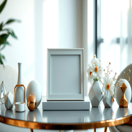 White frame mockup on the table in modern living room. 3d rendering