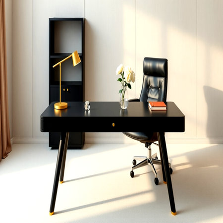Black office desk with a black chair, a lamp and a vase of flowersの写真素材
