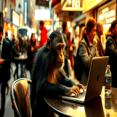 A monkey sits at a table in a cafe and works on a laptop. In the background is a crowd of people.