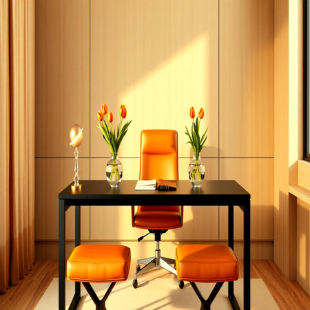 modern office interior with orange chair and flowers, 3d render.の写真素材