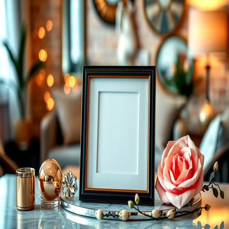 Photo frame mockup with rose flower on the table. 3d rendering