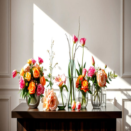 Flowers in vases on the table in the interior of the roomの写真素材