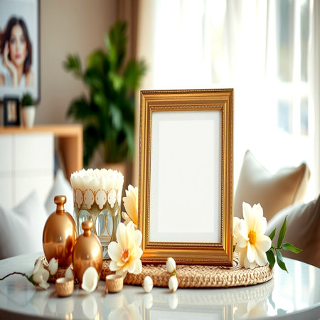Golden frame with flowers on table in room. Mockup for design