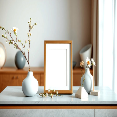 Blank picture frame on table in modern room. Mockup for design