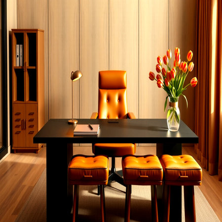 Interior of modern room with orange armchair and wooden table