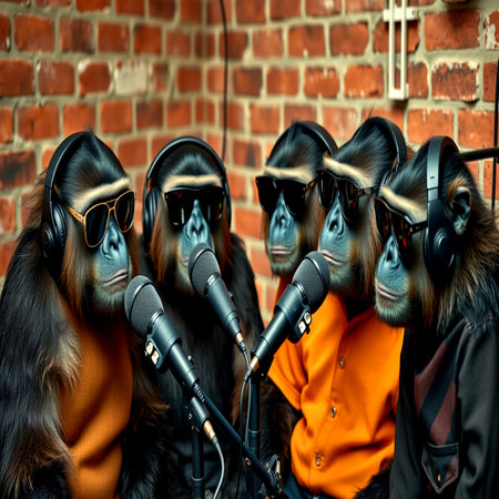Group of monkeys in orange jackets with a microphone on a brick wall backgroundの写真素材