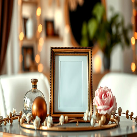 Empty photo frame on table in living room. Mockup for designの写真素材