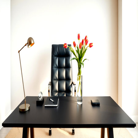 Modern office interior with a black leather armchair and a vase of tulipsの写真素材