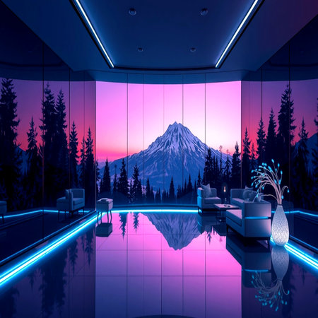 3d render of modern interior with mountain view and terrace with blue glass ceiling