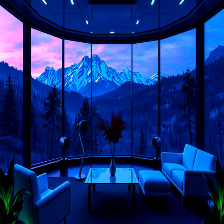 Interior of a hotel room with panoramic view of the mountains. 3D rendering