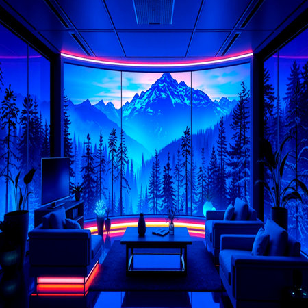 3D rendering of a modern living room with a view of the mountains