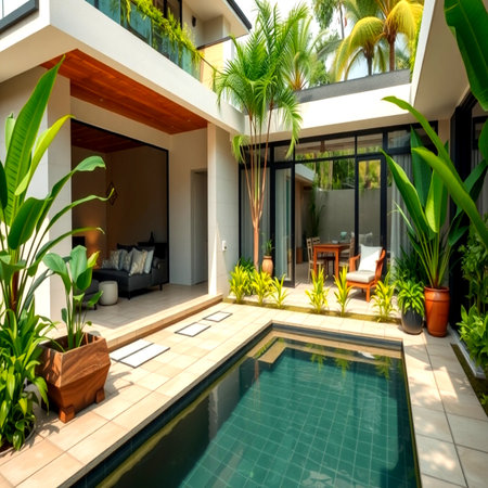 Swimming pool in luxury villa with tropical plants and wooden deck