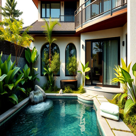 Swimming pool in luxury villa, view from the garden.