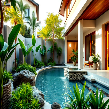 Swimming pool in luxury villa. Luxury house exterior.