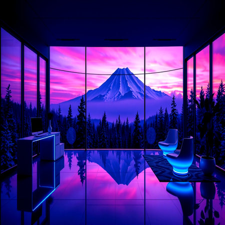 Mt. Fuji seen through the window, 3D illustration.
