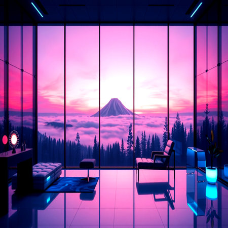 3D Illustration of a modern office interior with a panoramic view of the mountains and fog