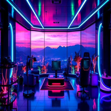 3D render of a night club interior with neon lights. Night club concept