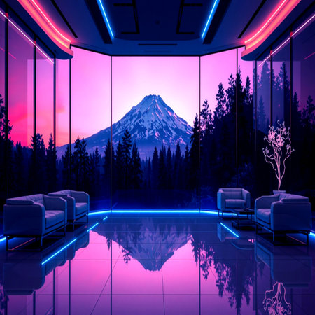 3d render of modern interior with panoramic view of Mt. Fuji