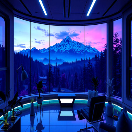 3D render of a modern living room with view of the mountains