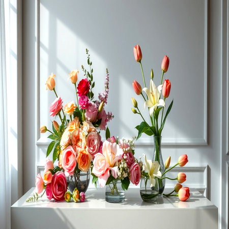 Beautiful bouquet of different flowers in vases on the table