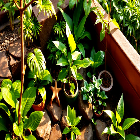 Beautiful green plants in pots in the garden at sunny day.