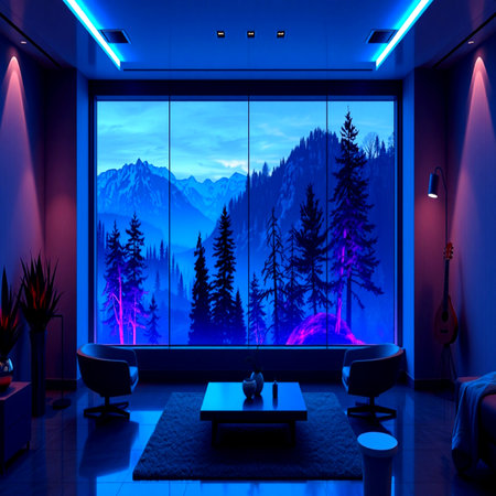 Interior of a modern spa with a panoramic view of the mountains