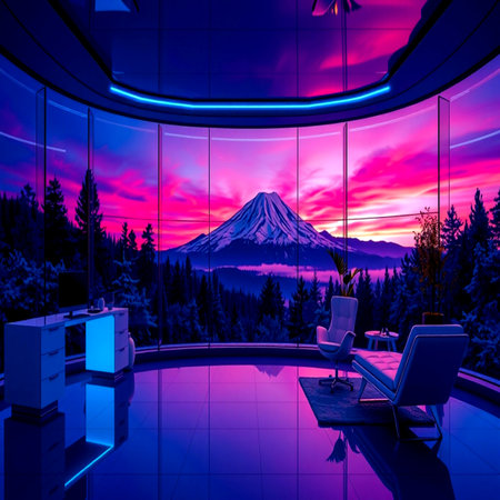 3d render of modern interior design with panoramic view of Mt.Fuji at sunsetの写真素材